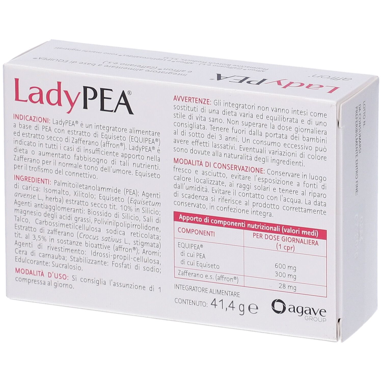 Rückseite der Ladypea-Verpackung. Enthält Informationen zu Inhaltsstoffen und Dosierung. Text: LadyPEA, Agave Group.