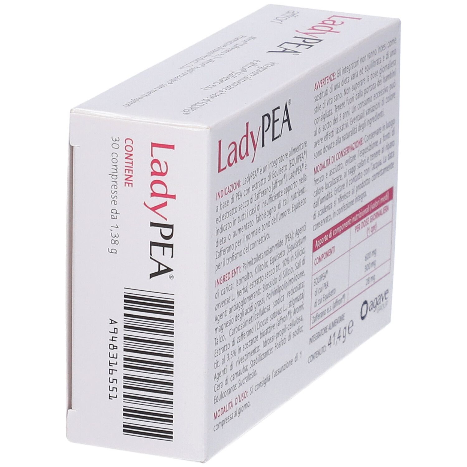 Schrägansicht der Ladypea-Verpackung. Text: LadyPEA, 30 compresse, Barcode, Agave Group.