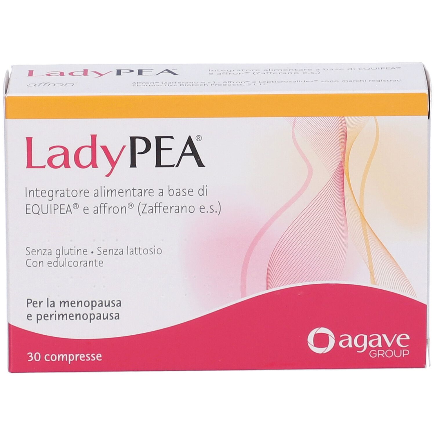 Ladypea-Verpackung. Weiß, rosa und gelb. Text: LadyPEA, 30 compresse, Agave Group.