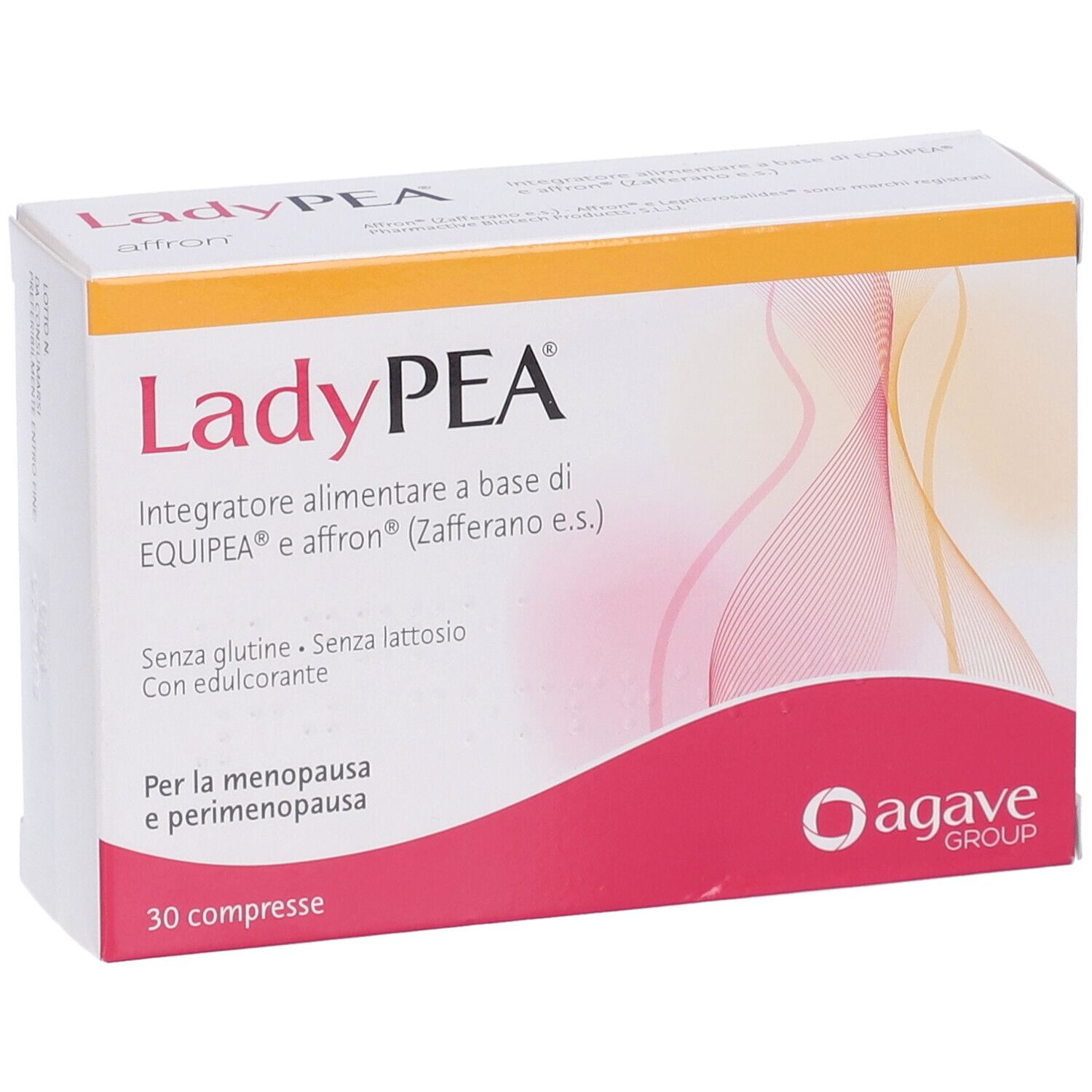 Ladypea-Verpackung. Weiß, rosa und gelb. Text: LadyPEA, 30 compresse, Agave Group.