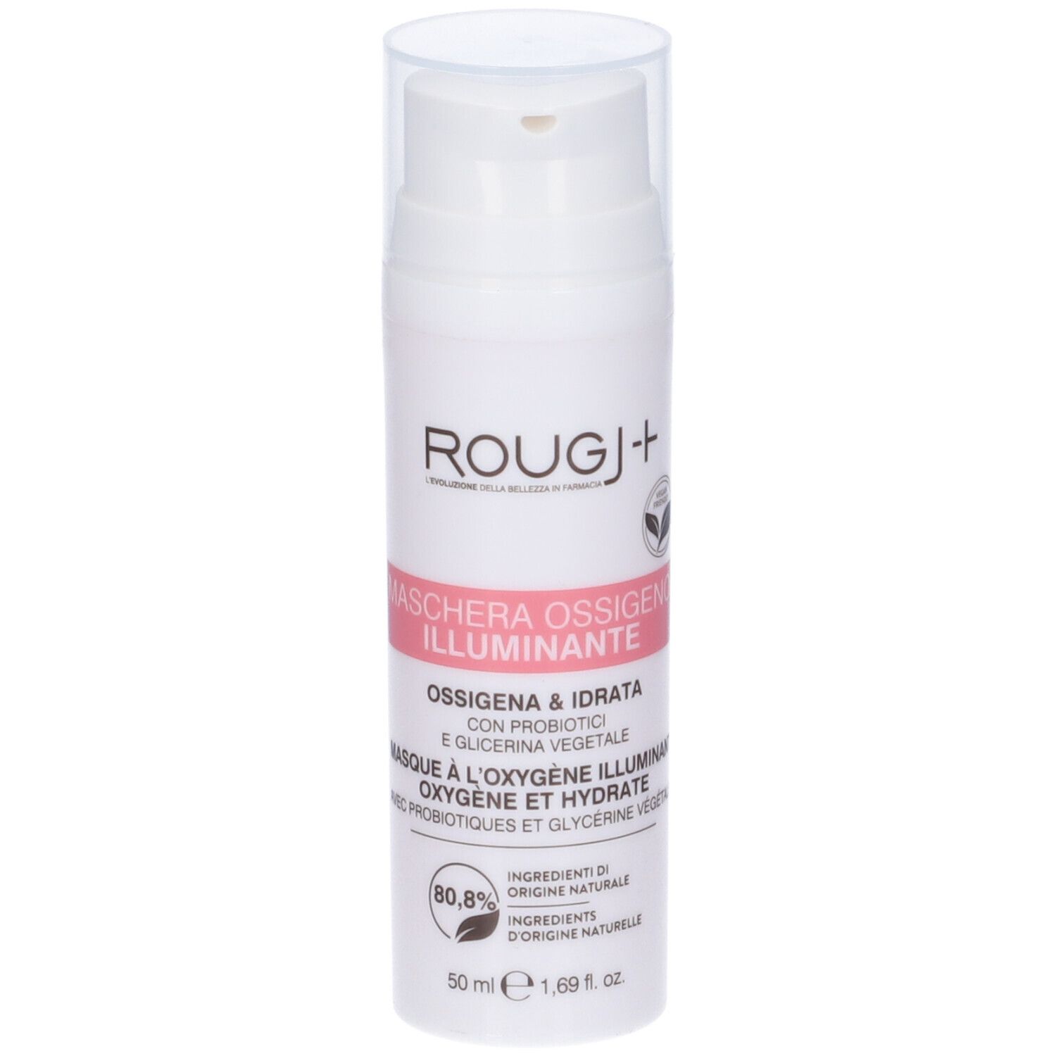 Flacone bianco con dosatore. Etichetta rosa con testo: Maschera Viso Ossigeno Illuminante. Marchio Rougj+.