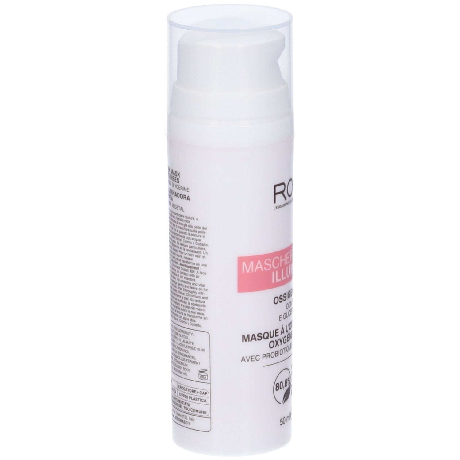 Flacone bianco con dosatore. Etichetta rosa con testo: Maschera Viso Ossigeno Illuminante. Marchio Rougj+.