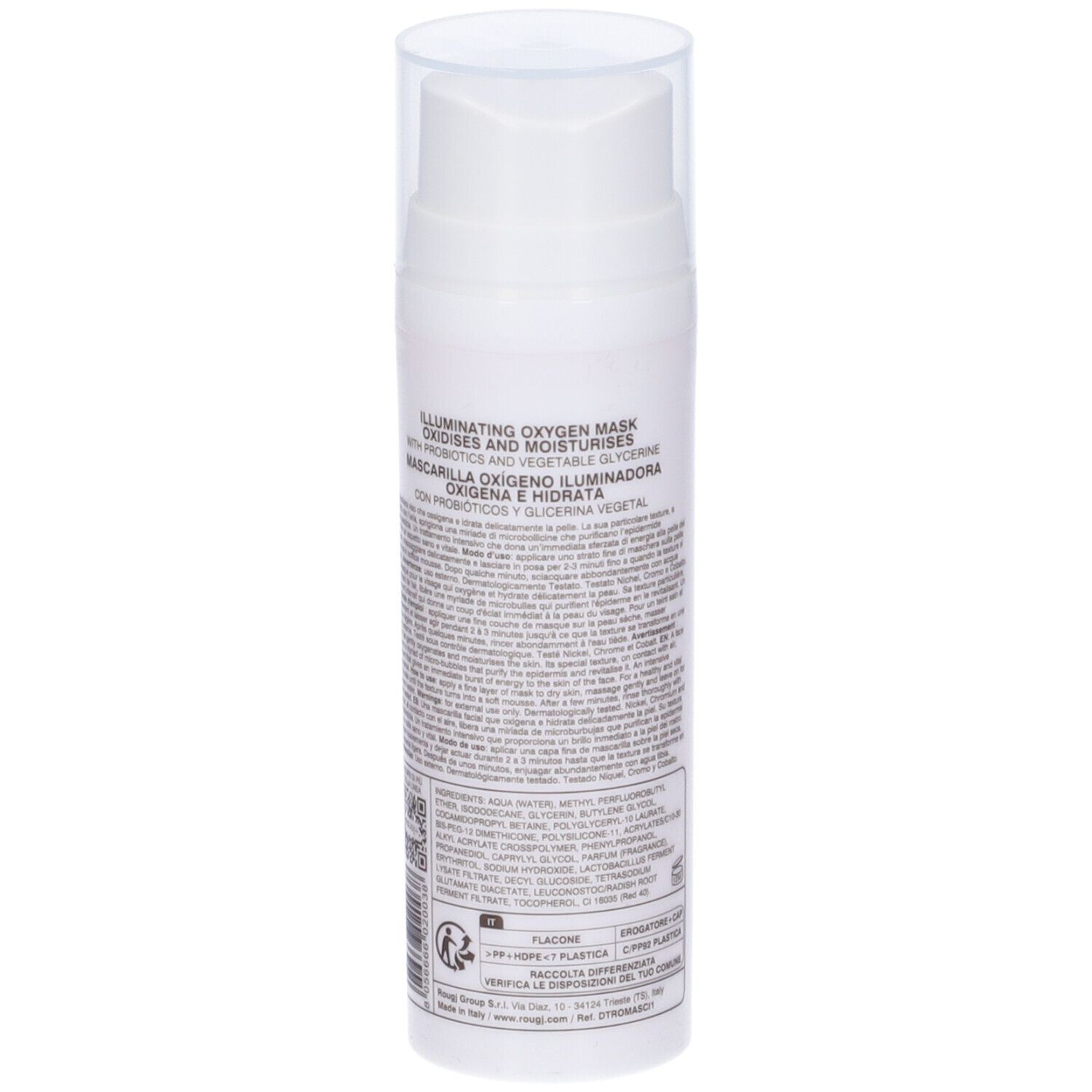 Flacone bianco con dosatore. Retro con testo. Logo vegano. 50 ml. Marchio Rougj+.