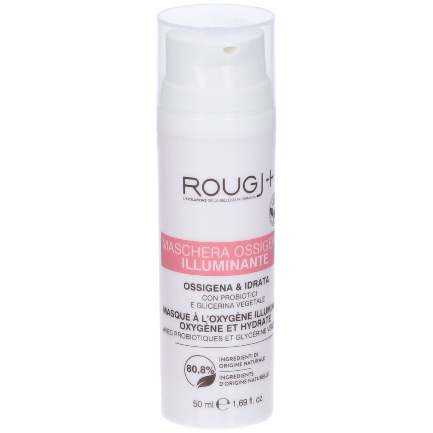 Flacone bianco con dosatore. Etichetta rosa con testo: Maschera Viso Ossigeno Illuminante. Marchio Rougj+.