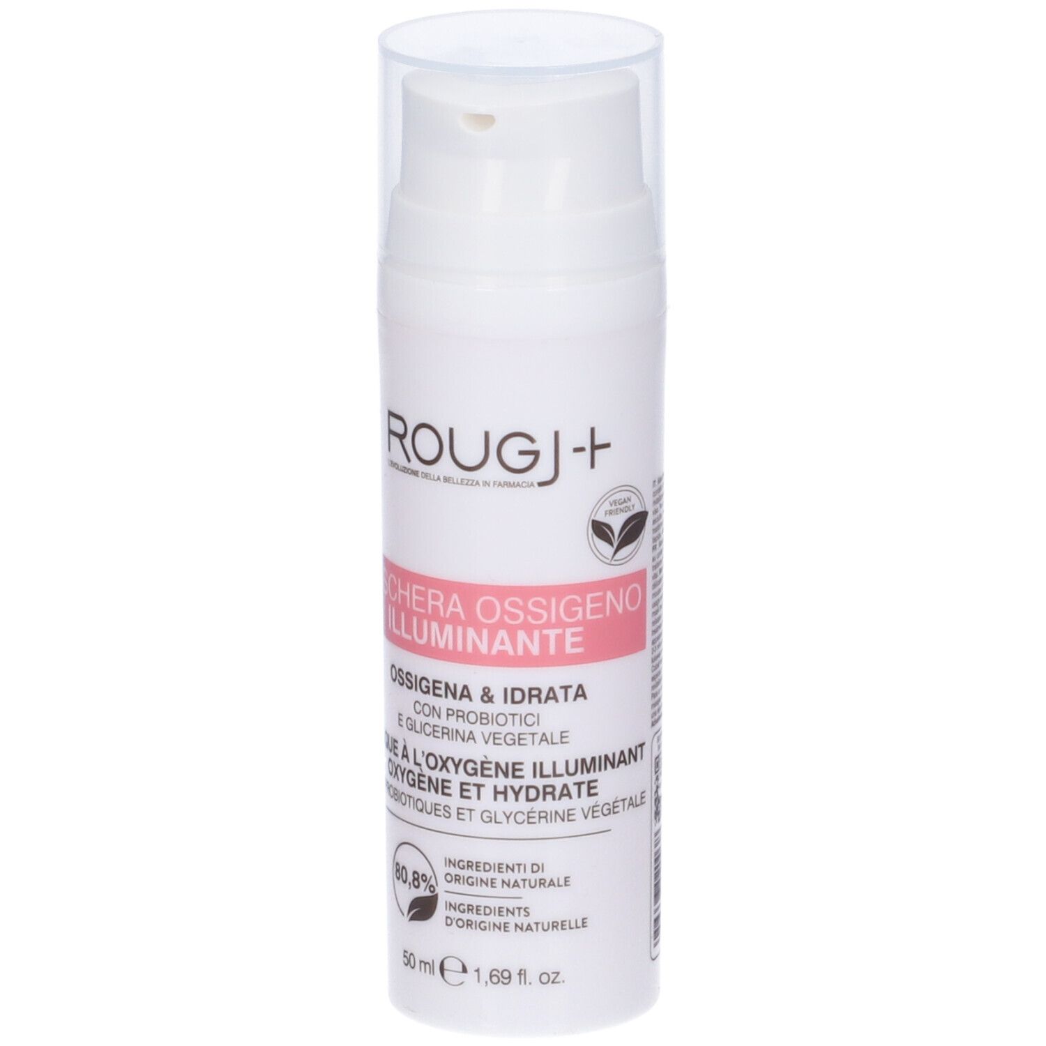 Flacone bianco con dosatore. Etichetta rosa con testo: Maschera Viso Ossigeno Illuminante. Marchio Rougj+.