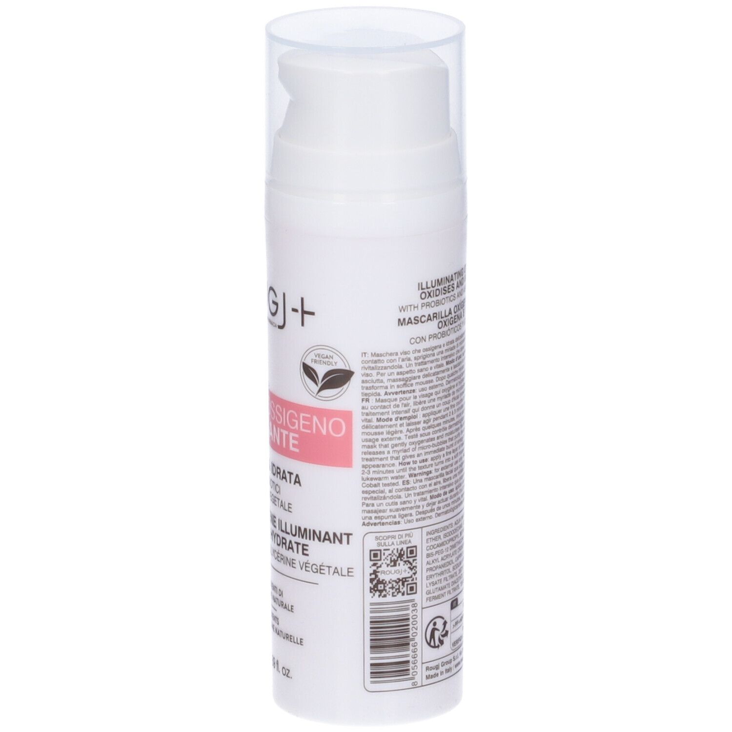 Flacone bianco con dosatore. Etichetta rosa con testo: Maschera Viso Ossigeno Illuminante. Marchio Rougj+.