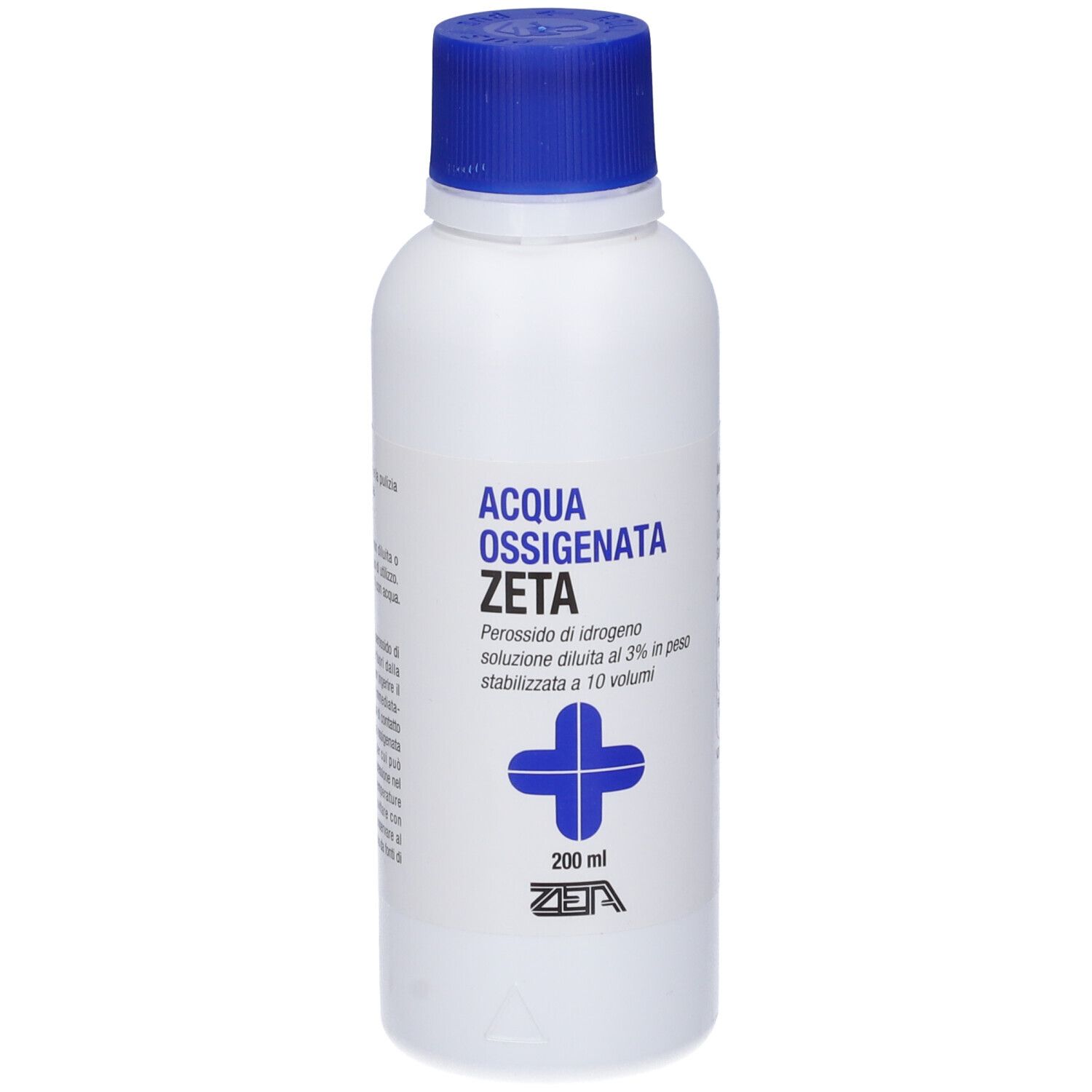 Weiße Flasche mit blauem Deckel. Aufschrift: ACQUA OSSIGENATA ZETA. Kreuz-Symbol. Volumen: 200 ml.