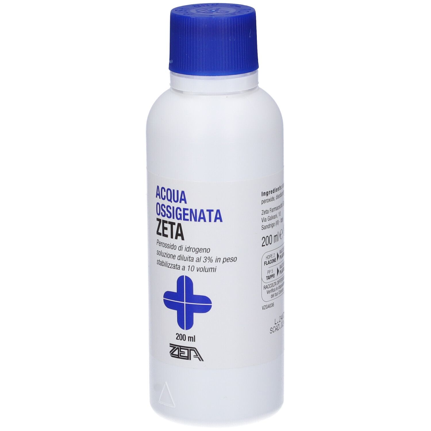 Weiße Flasche mit blauem Deckel. Aufschrift: ACQUA OSSIGENATA ZETA. Volumen: 200 ml.