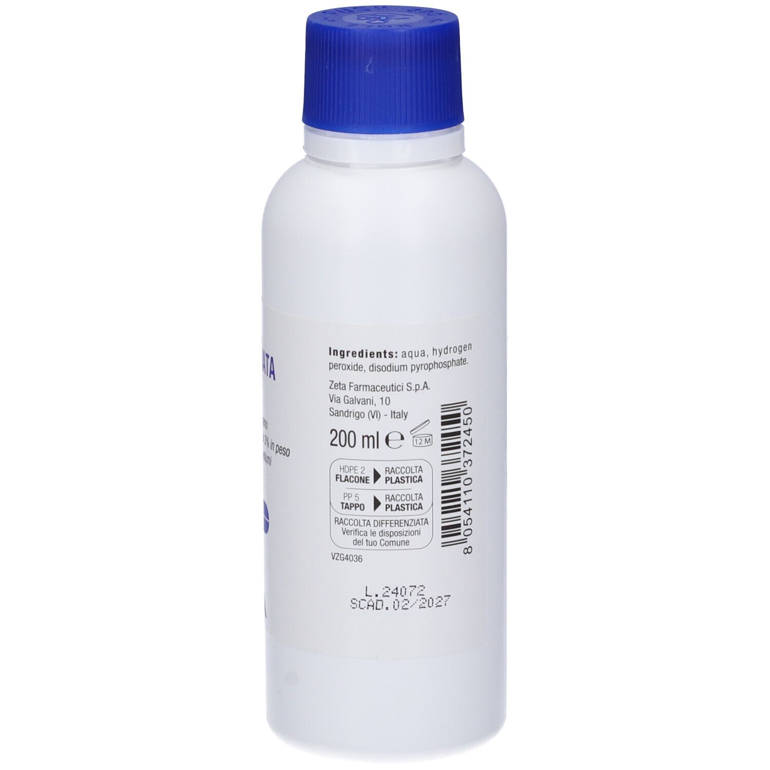 Weiße Flasche mit blauem Deckel. Text auf Italienisch. Aufschrift: ACQUA OSSIGENATA ZETA. Volumen: 200 ml.