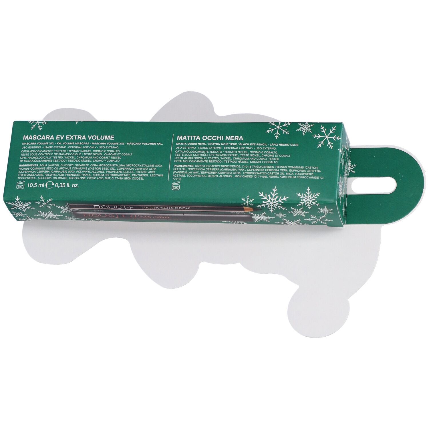 Retro della confezione. Testo: Mascara EV Extra Volume, Matita Occhi Nera. Marchio Rougj+. Verde con fiocchi di neve.