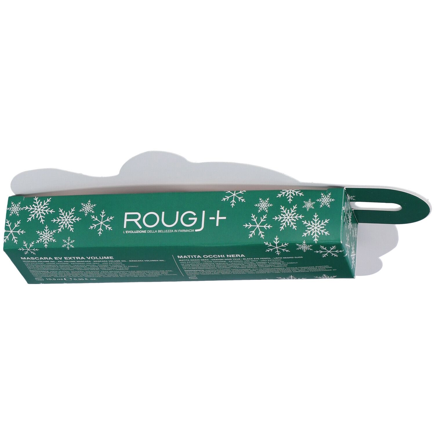 Confezione con motivo a fiocchi di neve. Marchio Rougj+. Testo: Mascara EV Extra Volume, Matita Occhi Nera. Verde.