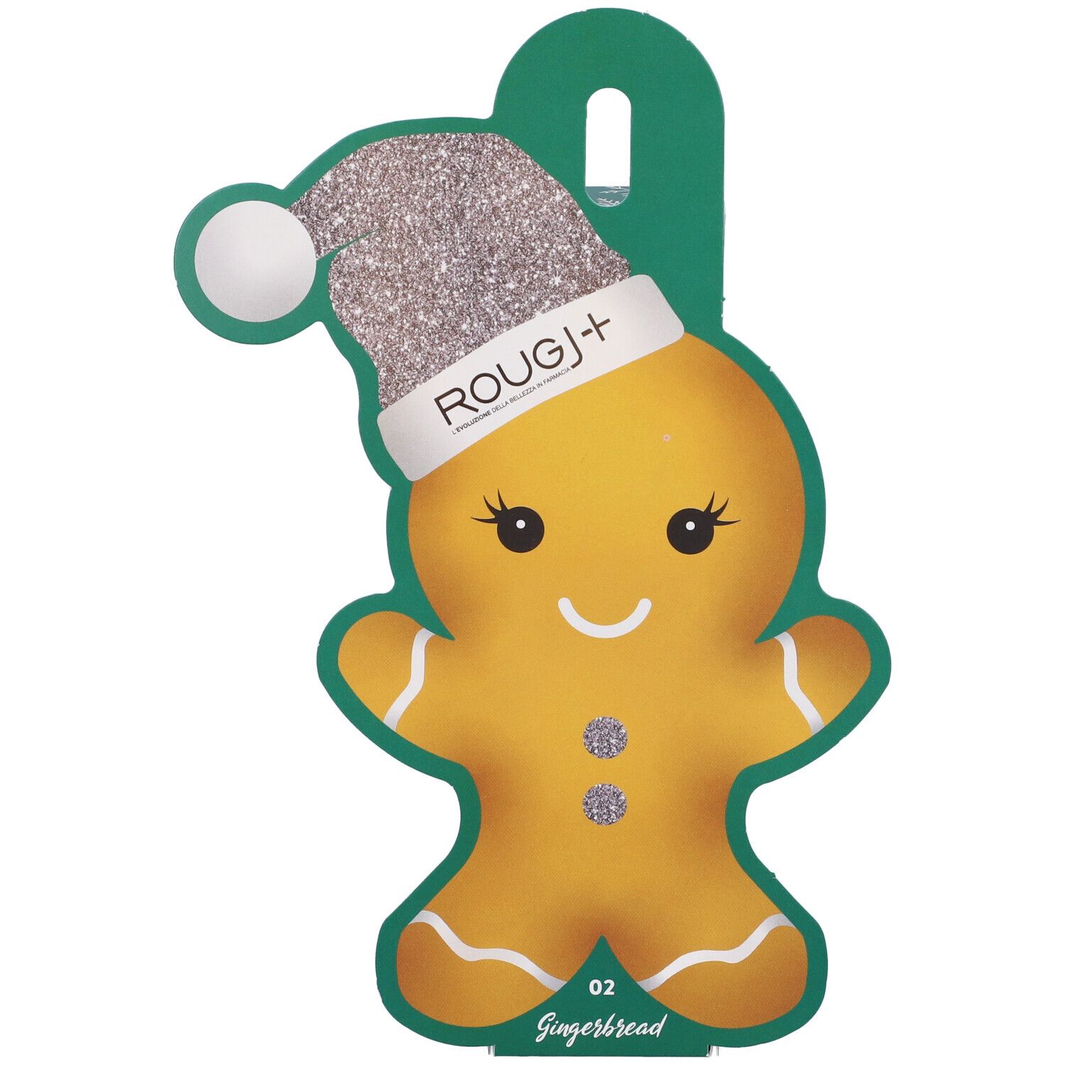 Confezione a forma di omino pan di zenzero. Marchio Rougj+. Scritta: Ginger Bread. Verde e oro.