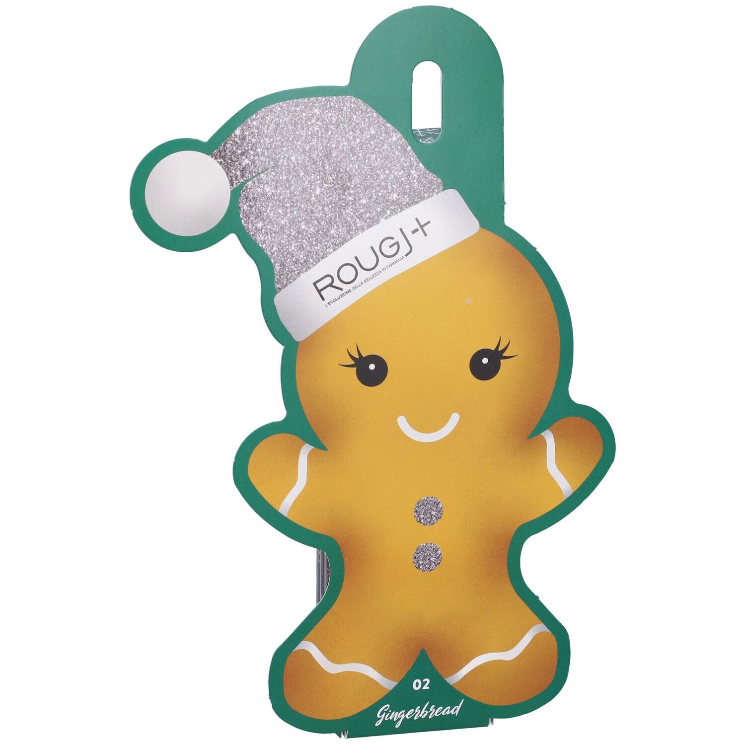 Confezione a forma di omino pan di zenzero. Marchio Rougj+. Scritta: Ginger Bread. Verde e oro.