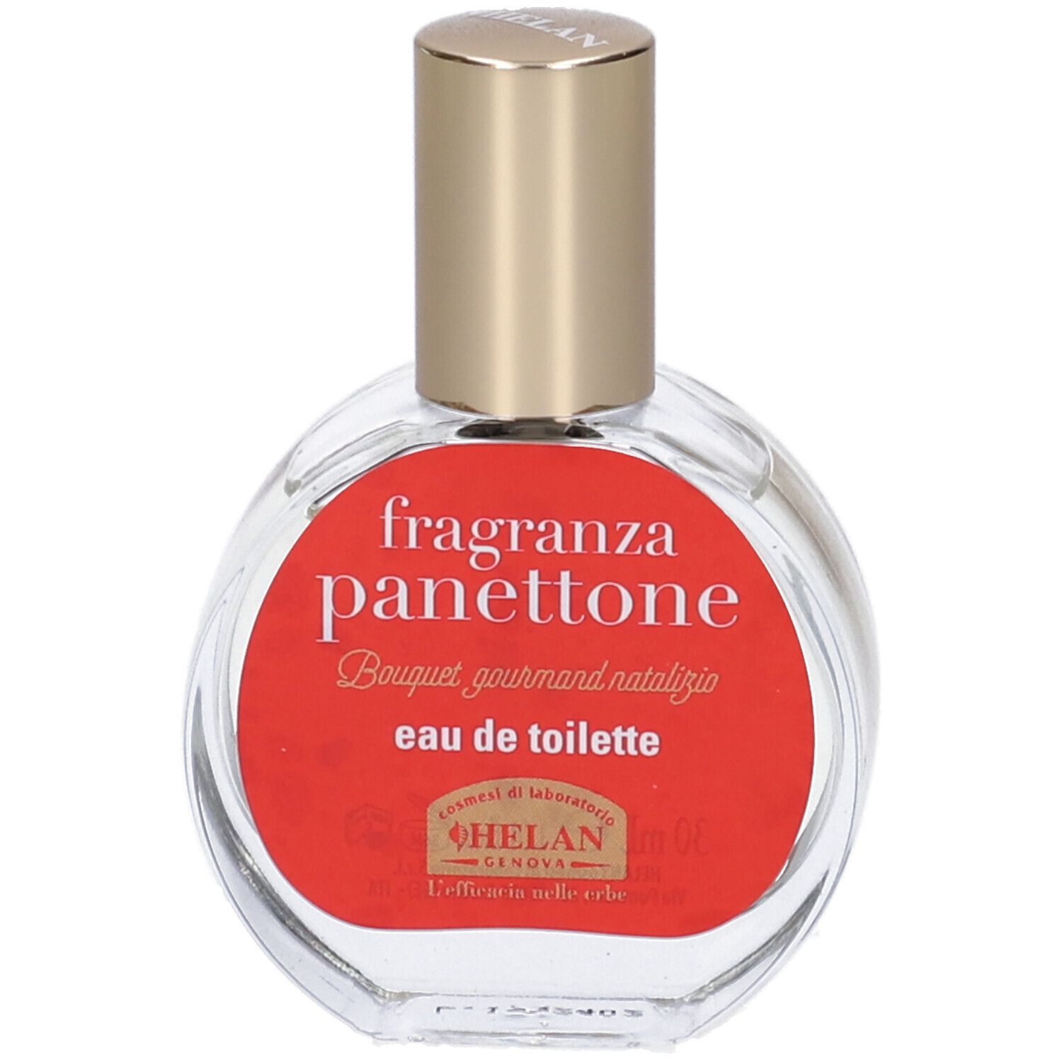 Flacone rotondo con tappo dorato. Etichetta rossa con testo: fragranza panettone, eau de toilette. Marchio: Helan.