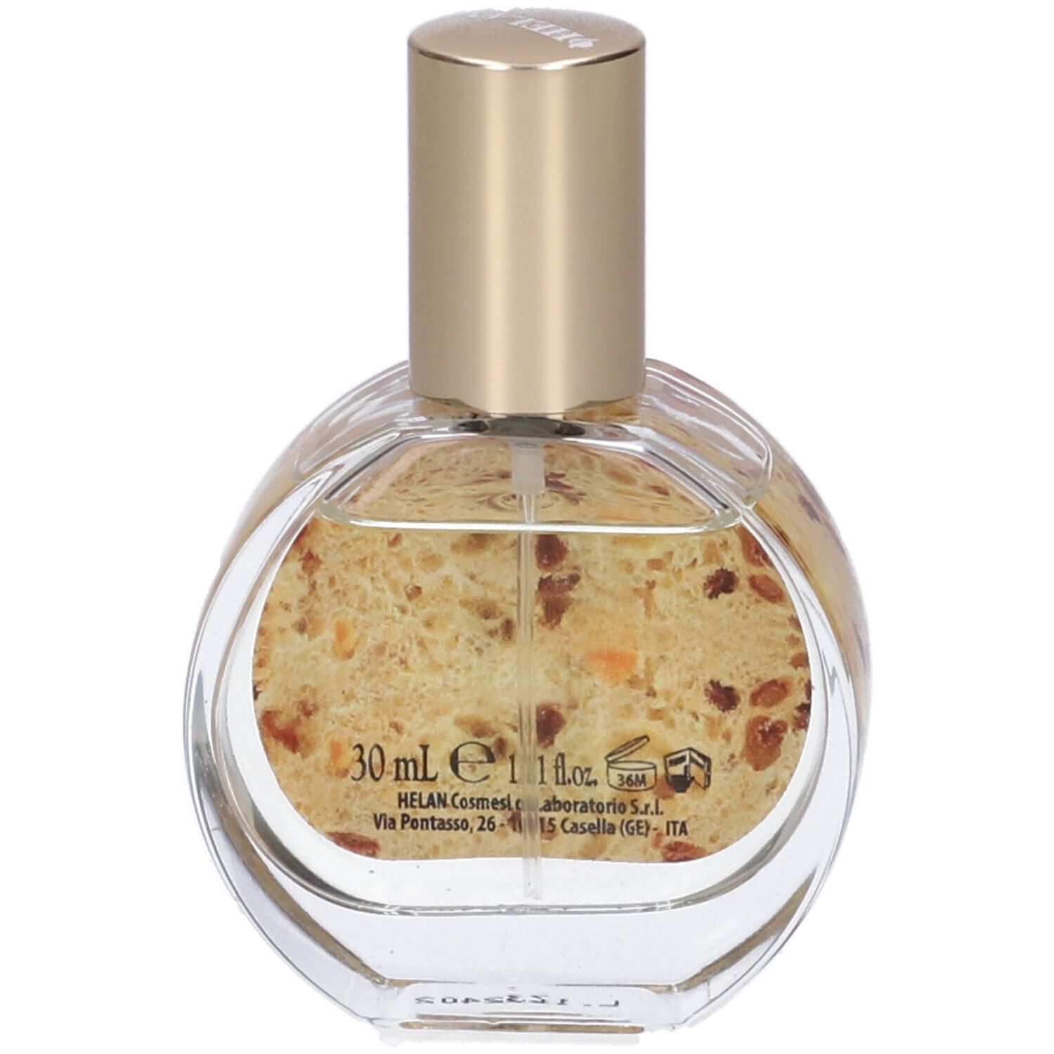 Flacone rotondo con tappo dorato. Adesivo con motivo panettone. Testo: 30 ml, 1.1 fl.oz. Marchio: Helan.