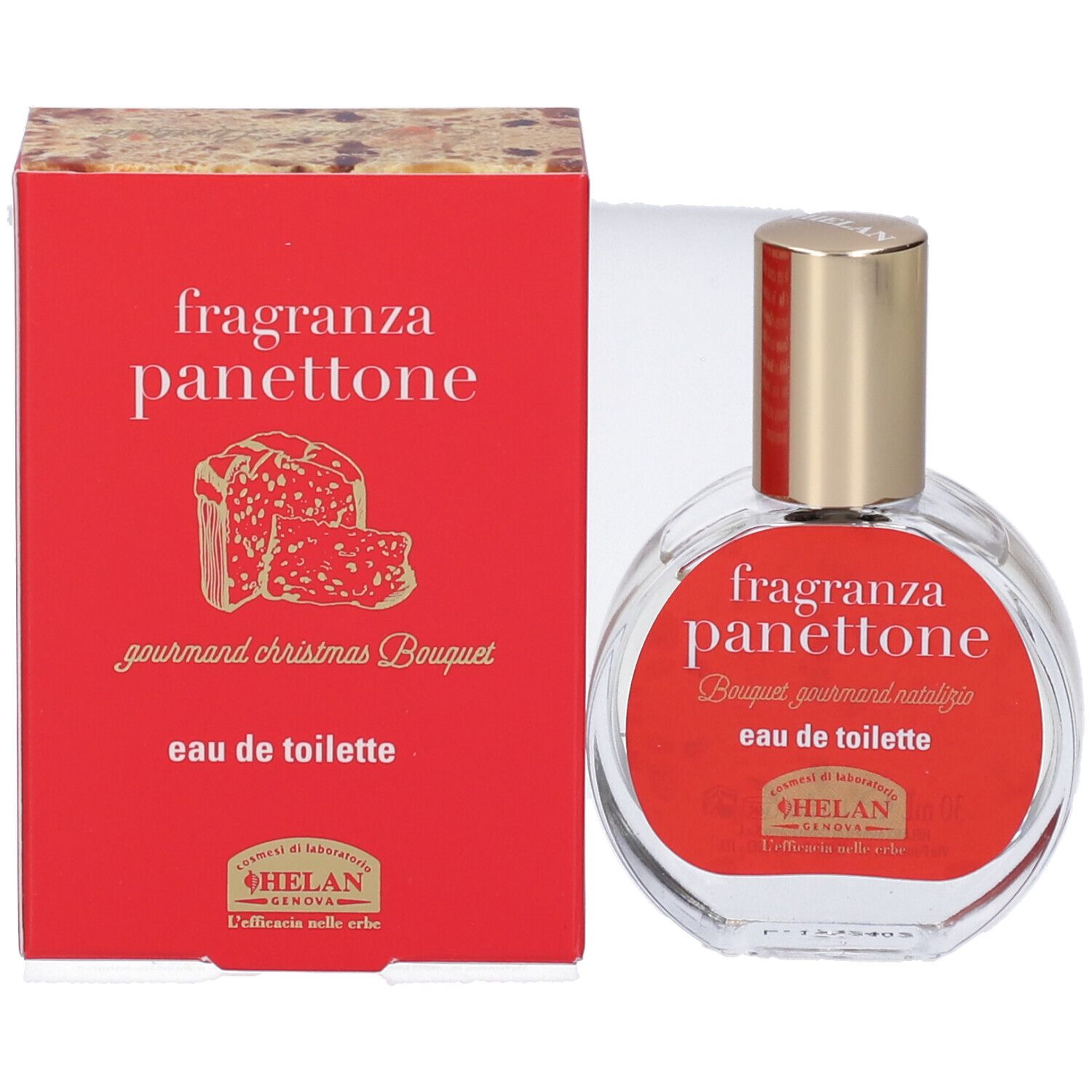 Flacone e scatola. Flacone rotondo con tappo dorato. Scatola rossa con testo: fragranza panettone, eau de toilette. Marchio: Helan.
