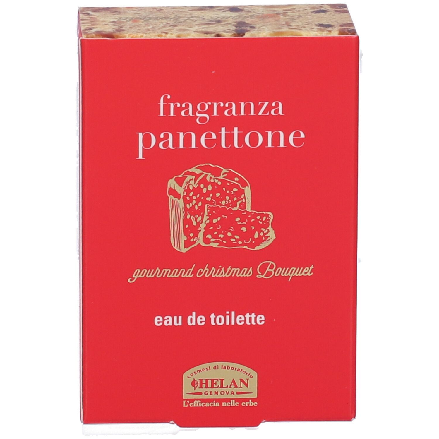 Scatola rossa con testo: fragranza panettone, eau de toilette. Illustrazione di panettone. Marchio: Helan.
