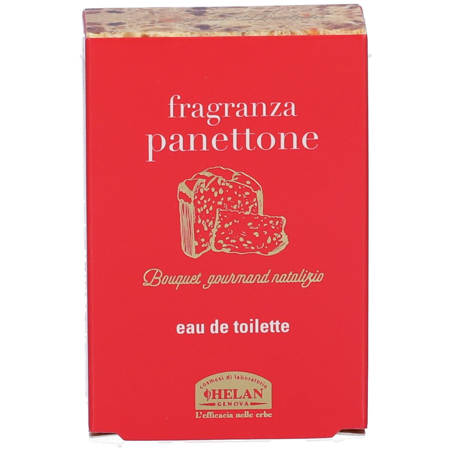 Scatola rossa con testo: fragranza panettone, eau de toilette. Illustrazione di panettone. Marchio: Helan.