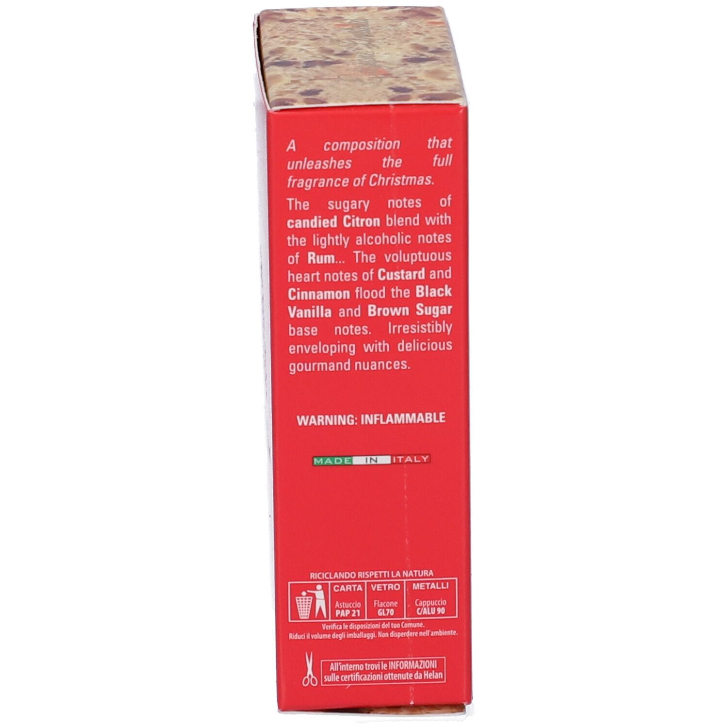 Scatola rossa, testo in inglese. Contiene informazioni sugli ingredienti e avvertenze. Marchio: Helan.