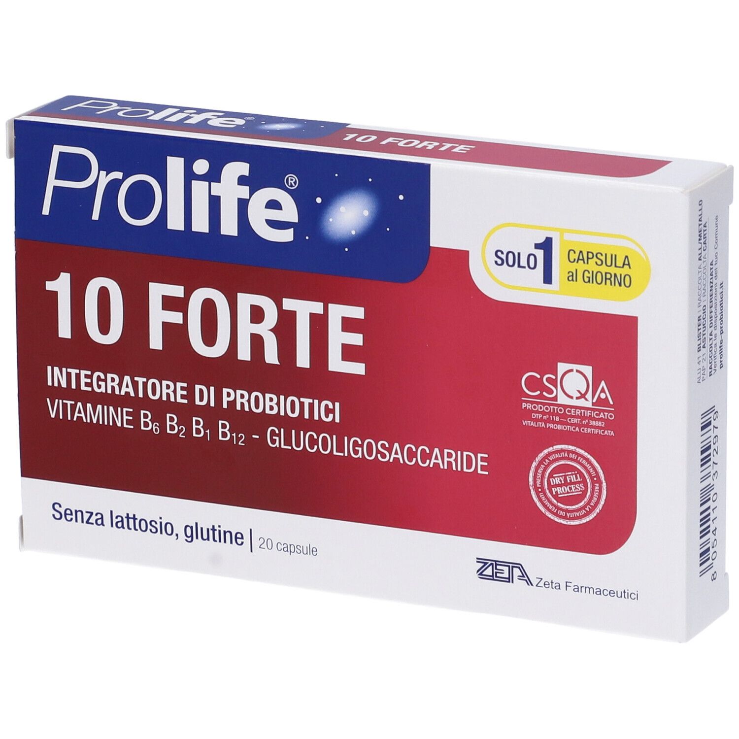 Scatola bianca e rossa. Scritto: Prolife 10 Forte, Integratore di Probiotici. Contiene 20 capsule. Certificazione CSQA.