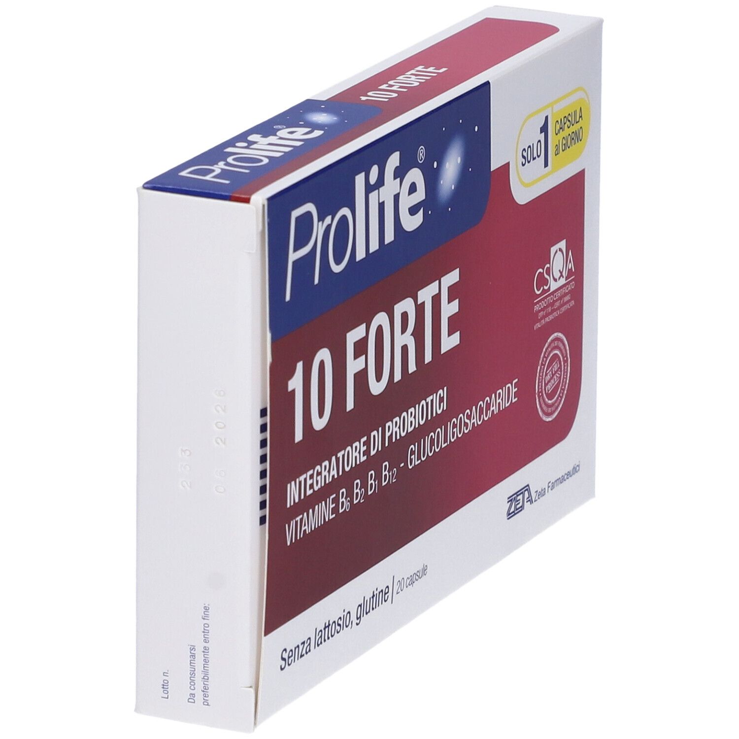 Scatola bianca e rossa con Prolife 10 Forte. Contiene 20 capsule. Certificazione CSQA. Vista prospettica.
