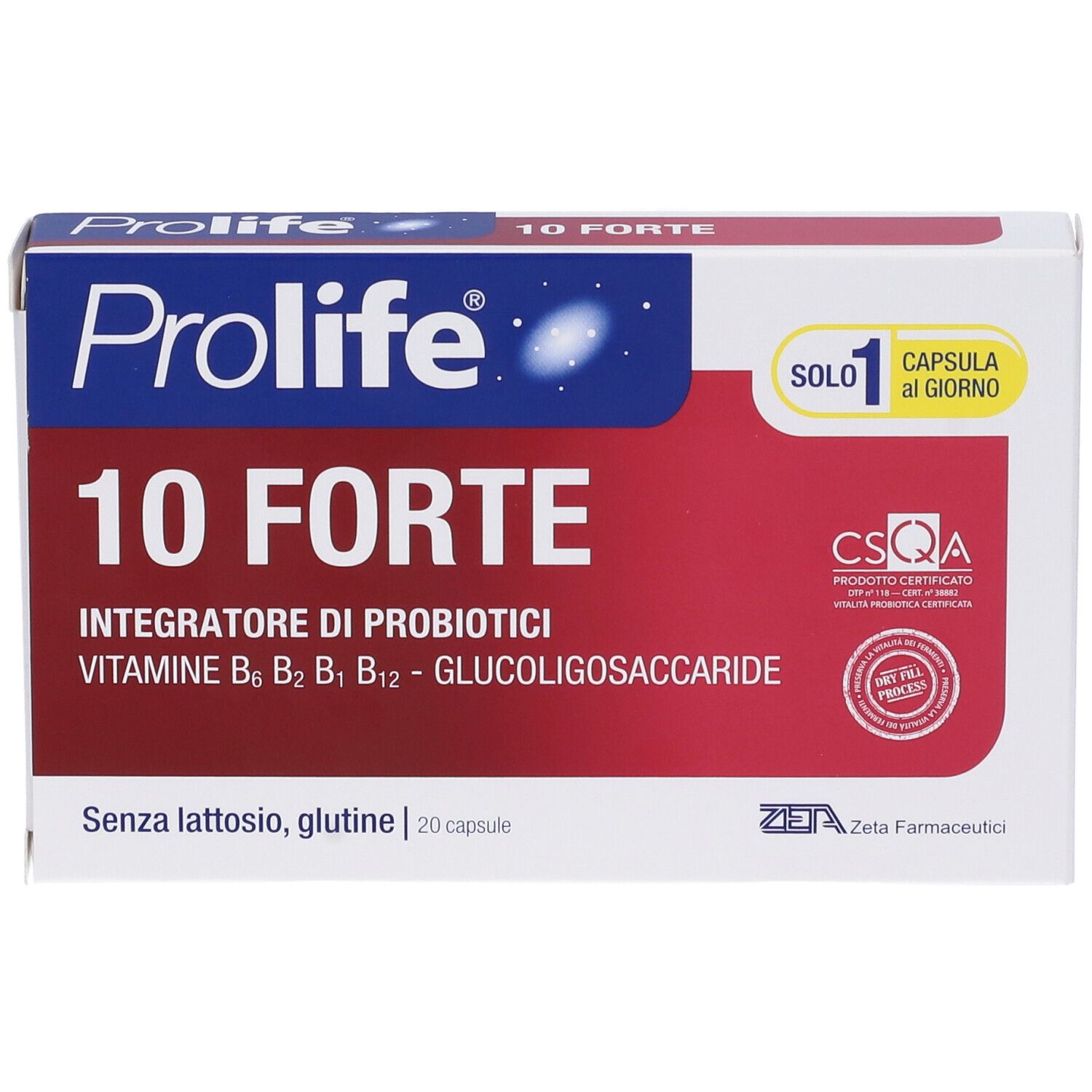 Scatola bianca e rossa. Scritto: Prolife 10 Forte, Integratore di Probiotici. Contiene 20 capsule. Certificazione CSQA.