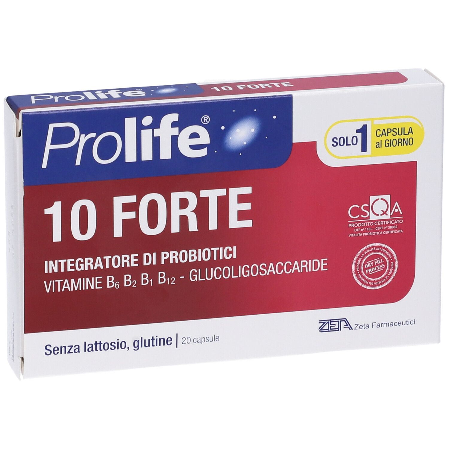 Scatola bianca e rossa. Scritto: Prolife 10 Forte, Integratore di Probiotici. Contiene 20 capsule. Certificazione CSQA.