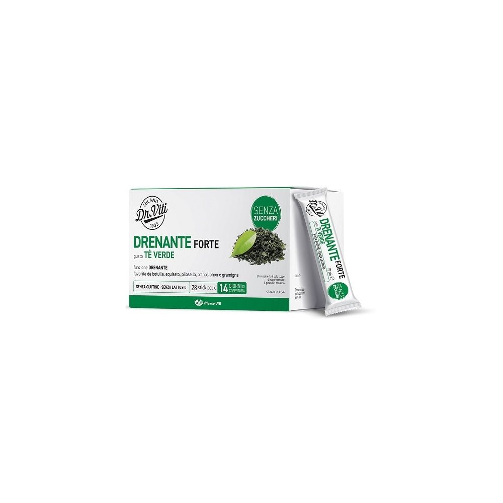 Confezione Dr. Viti Drenante Forte Tè Verde Stick Pack. Scatola bianca e verde con nome e logo. Un singolo stick accanto.