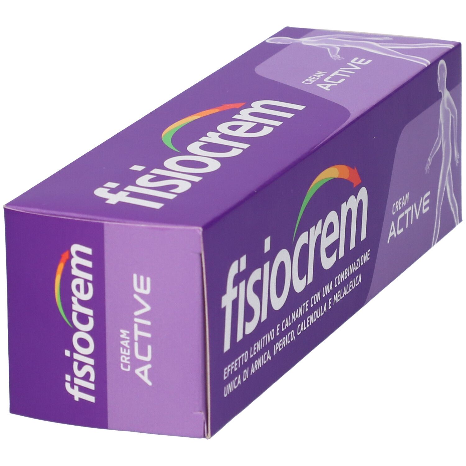 Violette Schachtel mit "fisiocrem" und "ACTIVE CREAM" Schriftzug. Abbildung eines menschlichen Körpers.