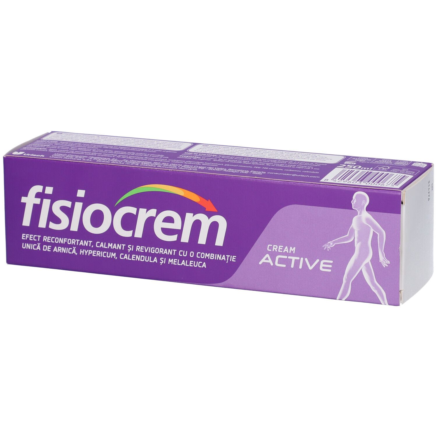 Violette Schachtel mit "fisiocrem" und "ACTIVE CREAM" Schriftzug. Abbildung eines menschlichen Körpers.