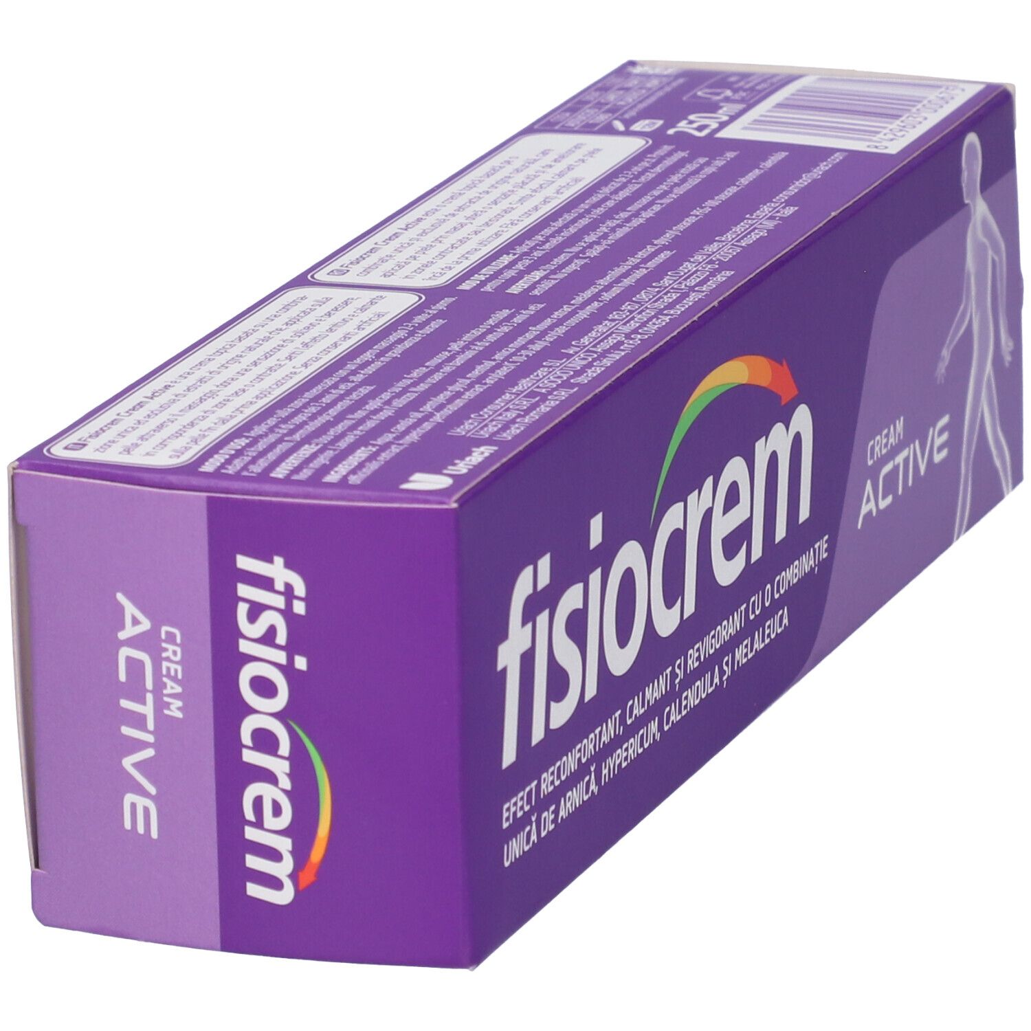 Violette Schachtel mit "fisiocrem" und "ACTIVE CREAM" Schriftzug. Abbildung eines menschlichen Körpers.