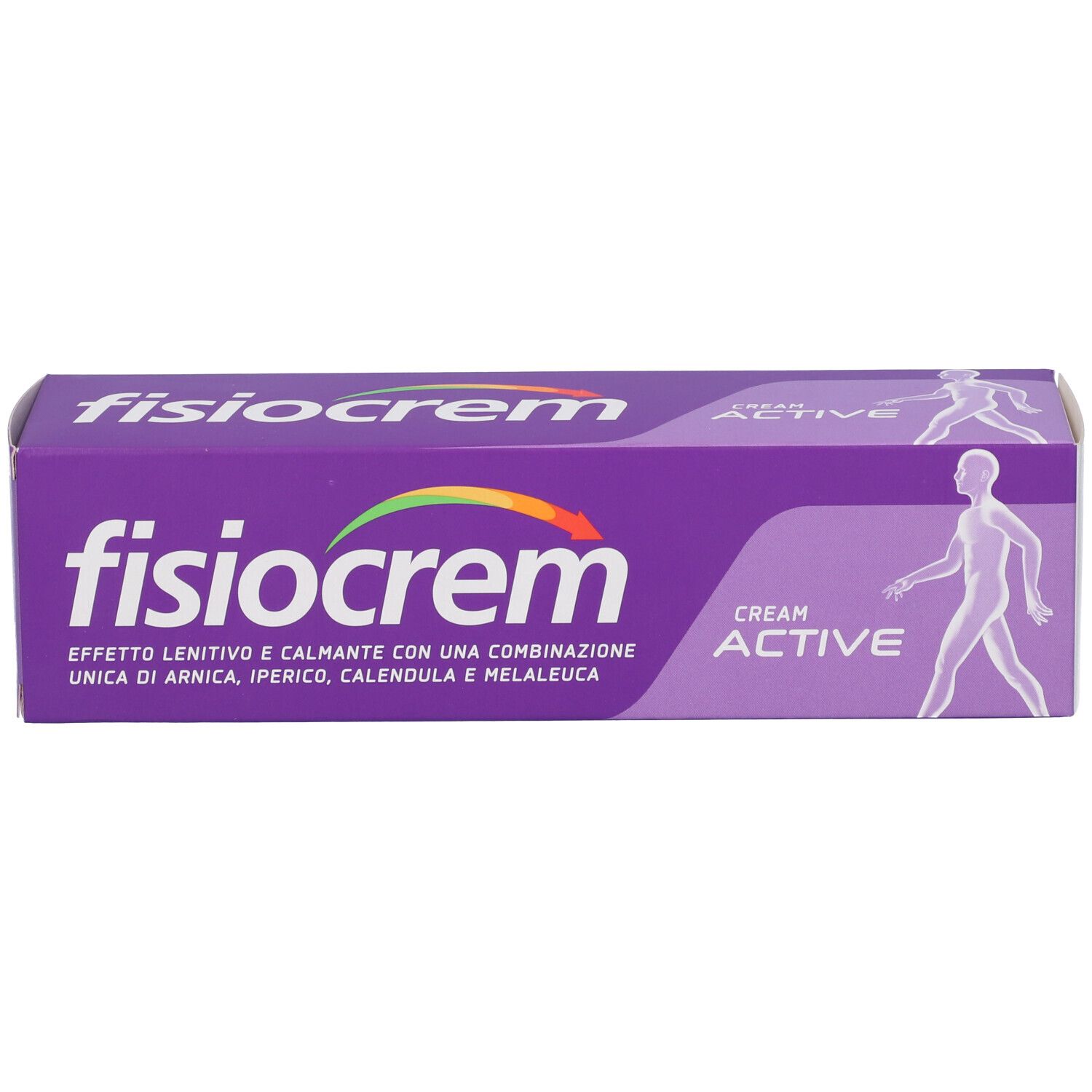 Violette Schachtel mit "fisiocrem" und "ACTIVE CREAM" Schriftzug. Abbildung eines menschlichen Körpers.