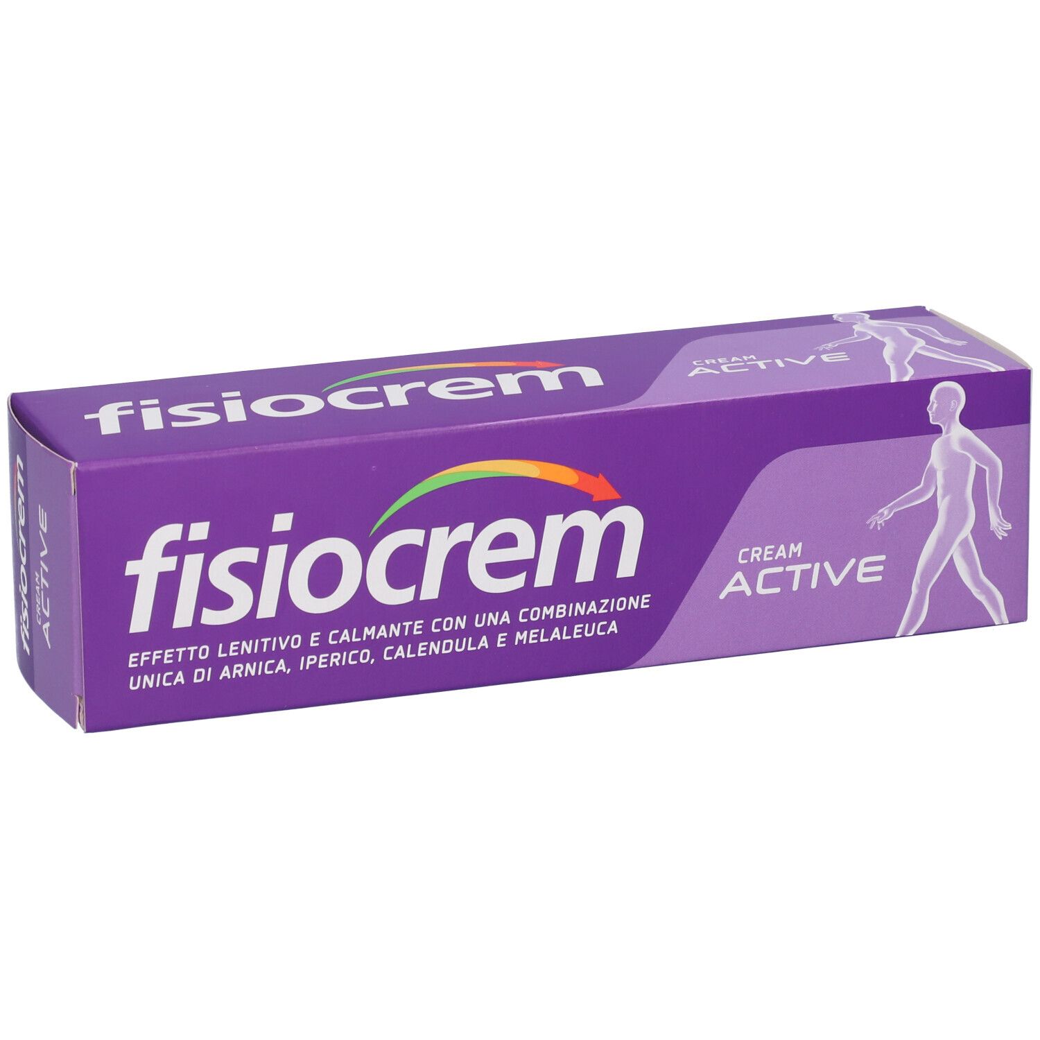 Violette Schachtel mit "fisiocrem" und "ACTIVE CREAM" Schriftzug. Abbildung eines menschlichen Körpers.