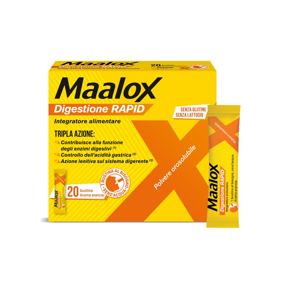 Scatola e bustina gialle Maalox Digestione RAPID. 20 bustine, senza glutine, senza lattosio. Aroma arancia.