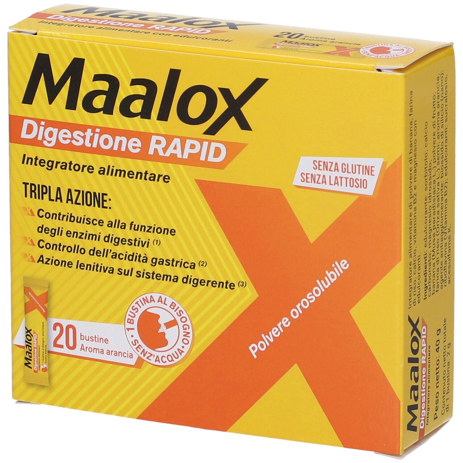 Scatola gialla Maalox Digestione RAPID. 20 bustine, senza glutine, senza lattosio. 'Tripla Azione'. Aroma arancia.