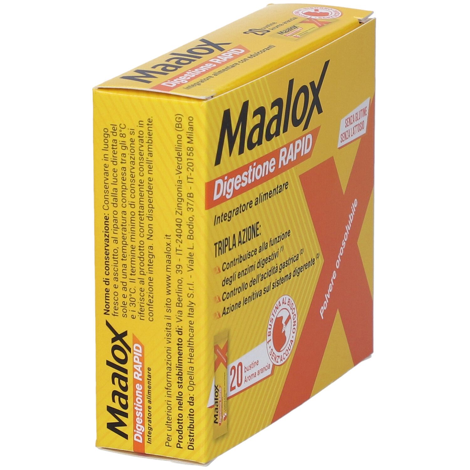Scatola Maalox Digestione RAPID, in diagonale. 20 bustine. 'Tripla Azione'. Senza glutine, senza lattosio. Informazioni.