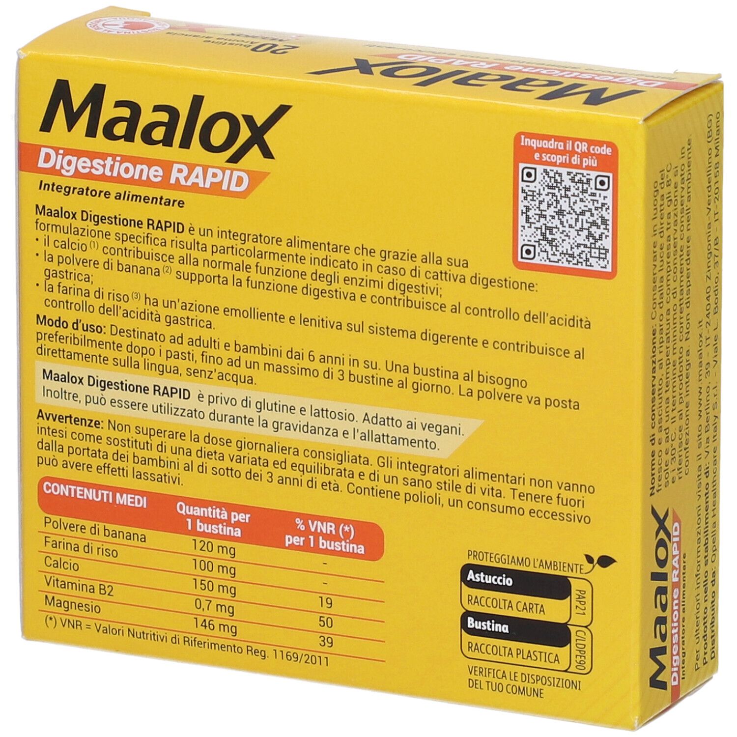 Retro della scatola Maalox Digestione RAPID. Ingredienti, uso, valori nutrizionali. Codice QR.