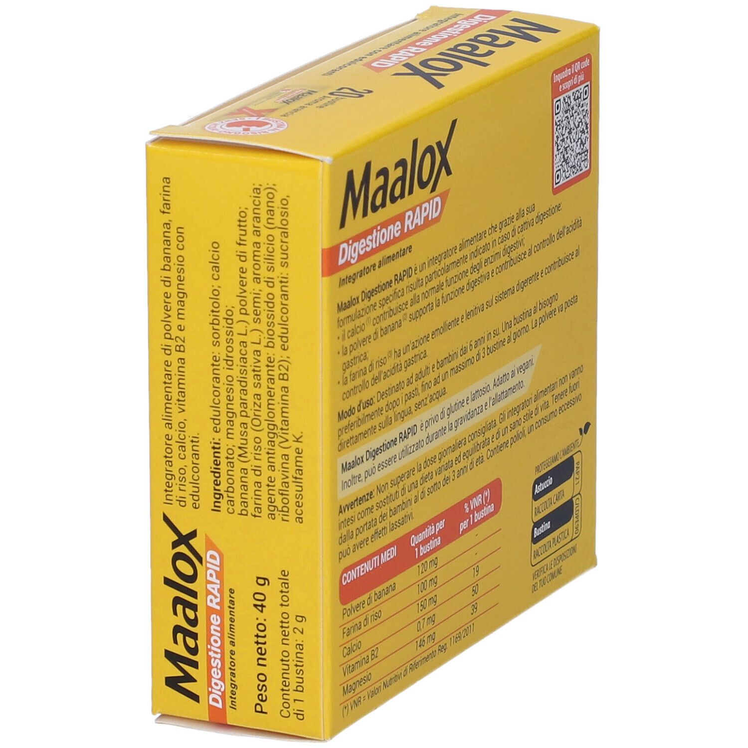 Lato della scatola Maalox Digestione RAPID. Ingredienti, peso, informazioni produttore.