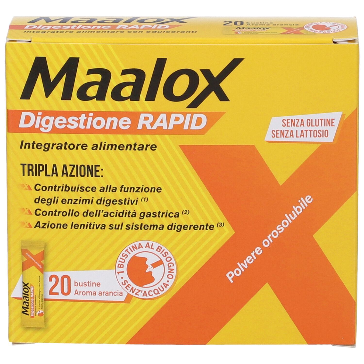 Scatola gialla Maalox Digestione RAPID. 20 bustine, senza glutine, senza lattosio. 'Tripla Azione'.