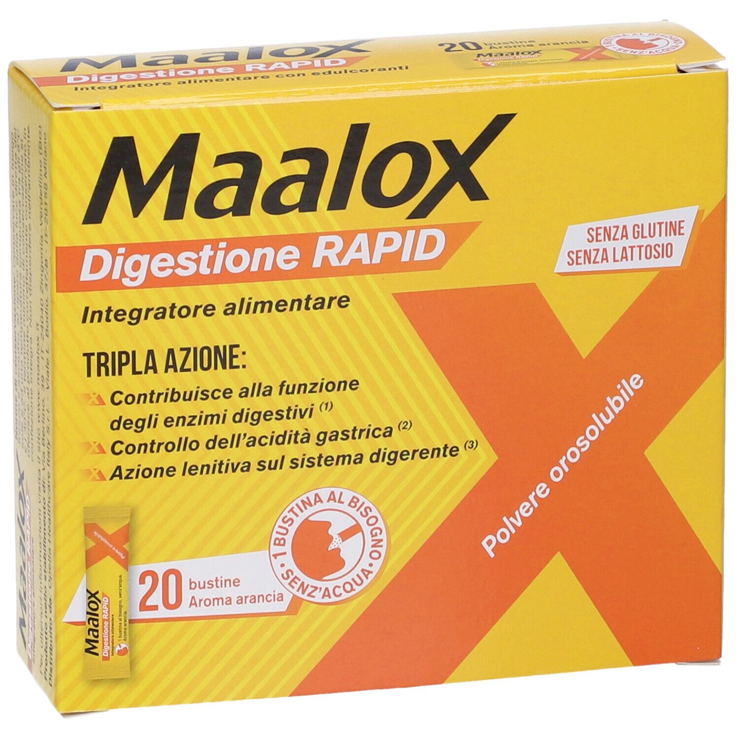Scatola gialla Maalox Digestione RAPID. 20 bustine, senza glutine, senza lattosio. 'Tripla Azione'.