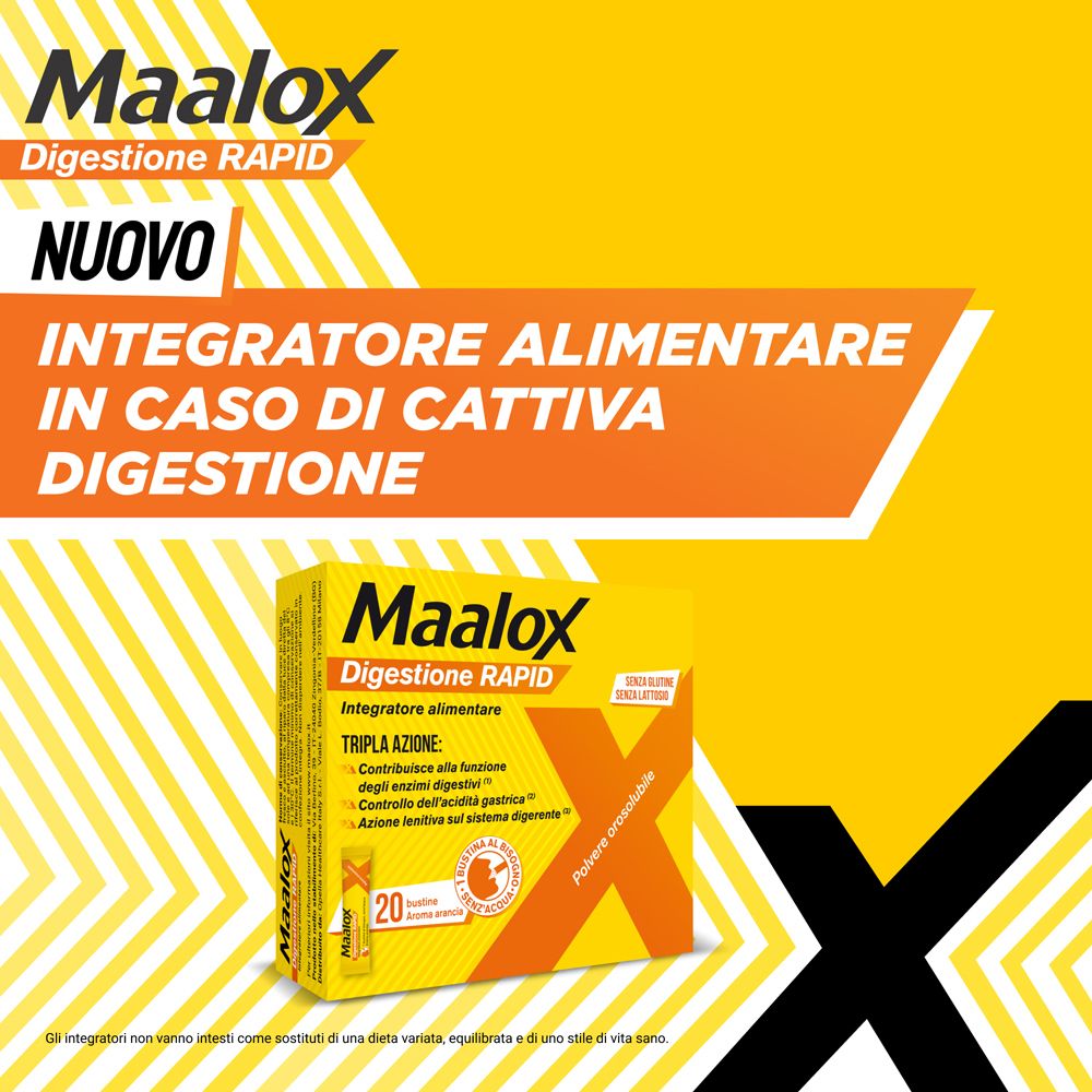 Sfondo giallo con Maalox Digestione RAPID. 'NUOVO' e 'Integratore alimentare in caso di cattiva digestione'.