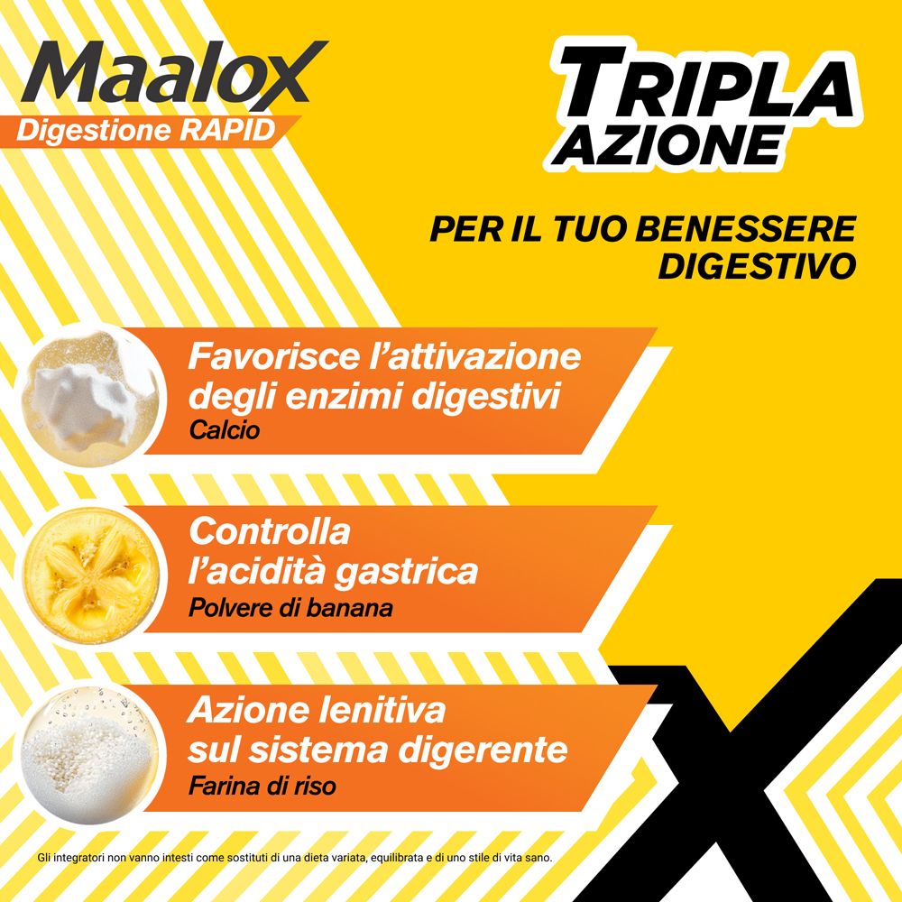 Sfondo giallo con tre icone. 'Favorisce l'attivazione degli enzimi digestivi'. 'Controlla l'acidità gastrica'.
