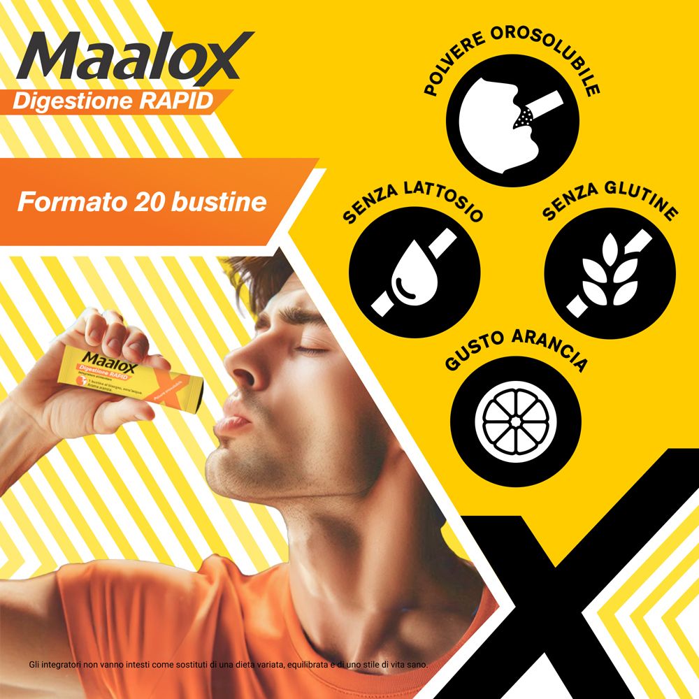 Uomo che assume una bustina Maalox Digestione RAPID. Sfondo giallo. 'Polvere orosolubile'. Senza lattosio, glutine, gusto arancia.