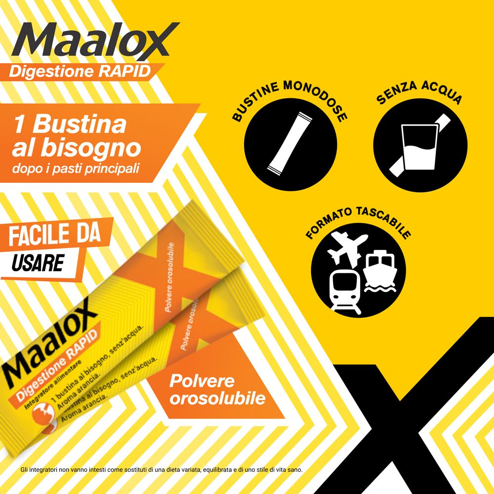 Due bustine Maalox Digestione RAPID. '1 Bustina al bisogno'. 'Facile da usare'. Senza acqua, monodose, formato tascabile.