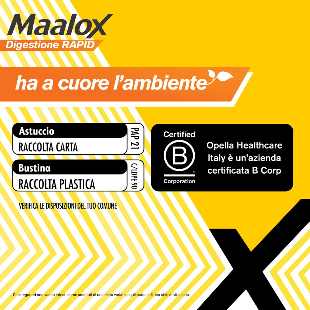 Sfondo giallo. 'Ha a cuore l'ambiente'. Astuccio: Raccolta carta. Bustina: Raccolta plastica. Certificato B Corp.