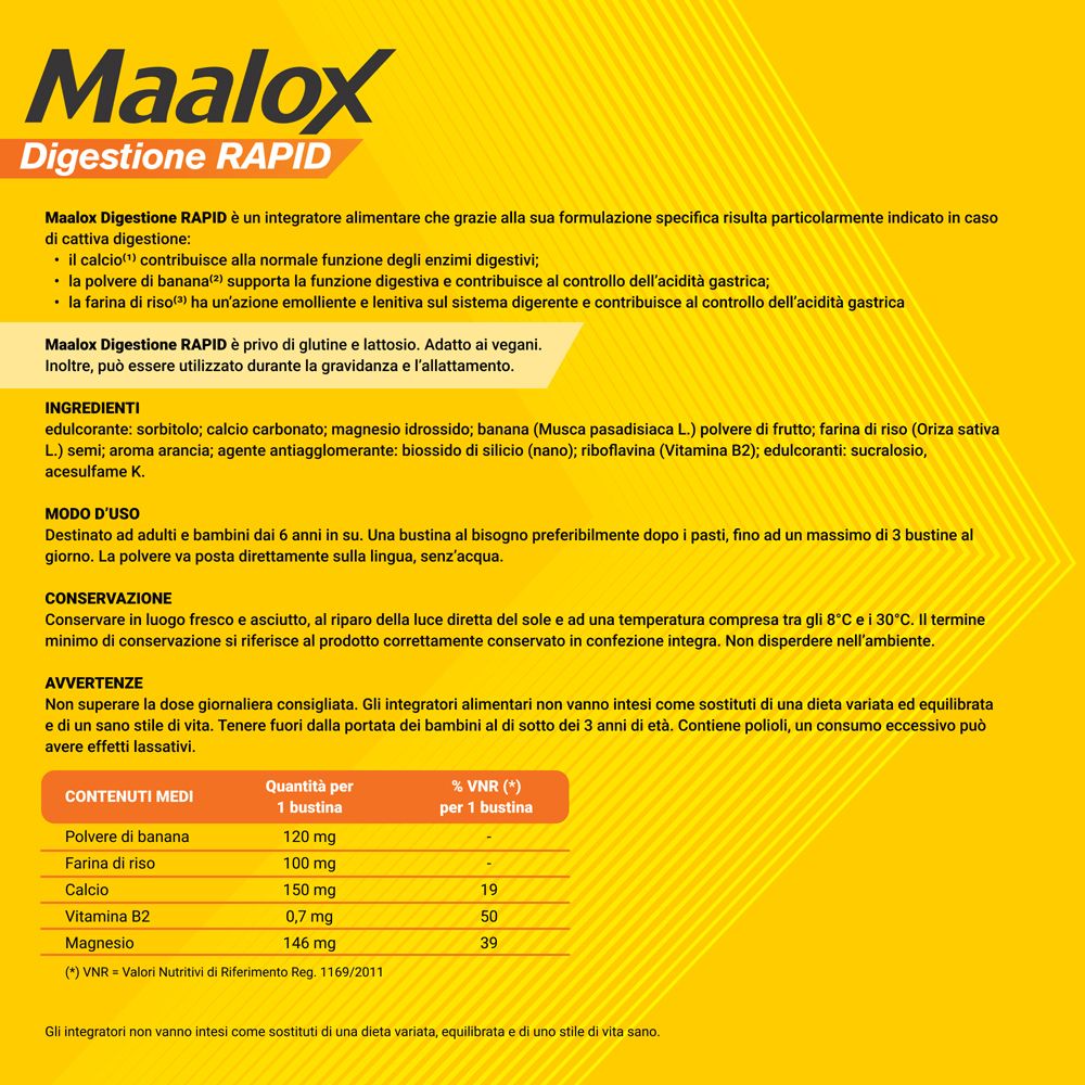 Testo su Maalox Digestione RAPID. Ingredienti, uso, avvertenze. Valori nutrizionali per bustina.