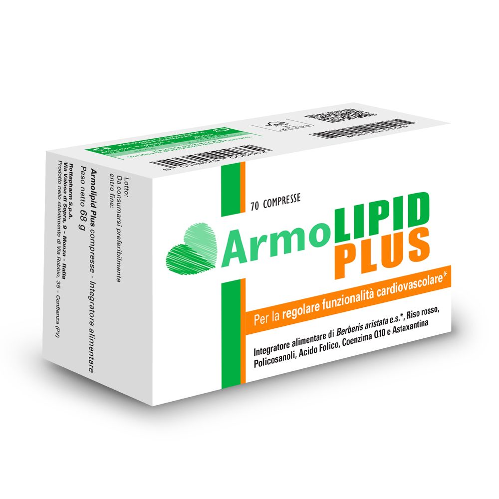 Scatola bianca Armolipid Plus, 70 compresse. Logo verde e arancione. Testo in italiano.
