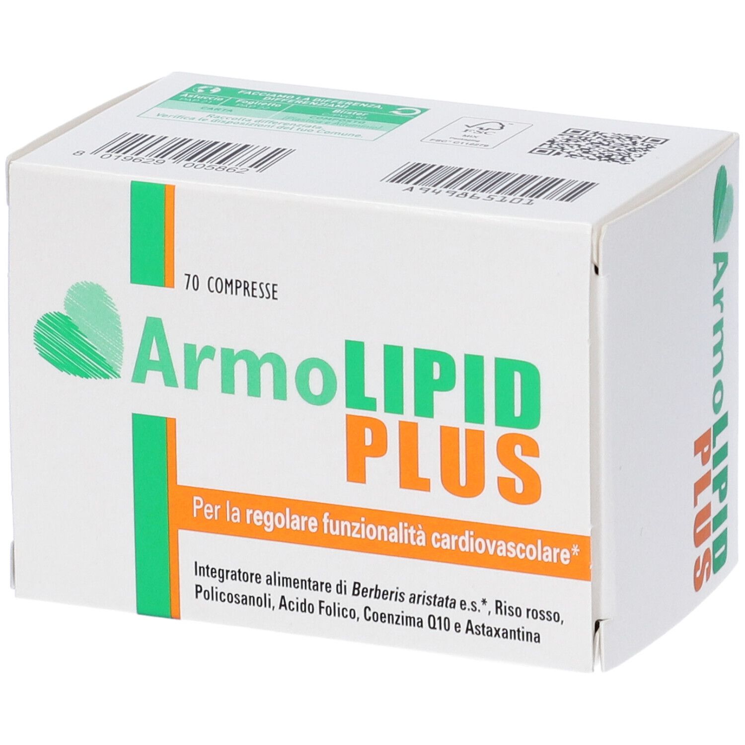 Scatola Armolipid Plus, 70 compresse. Bianco con logo verde e arancione. Testo in italiano.