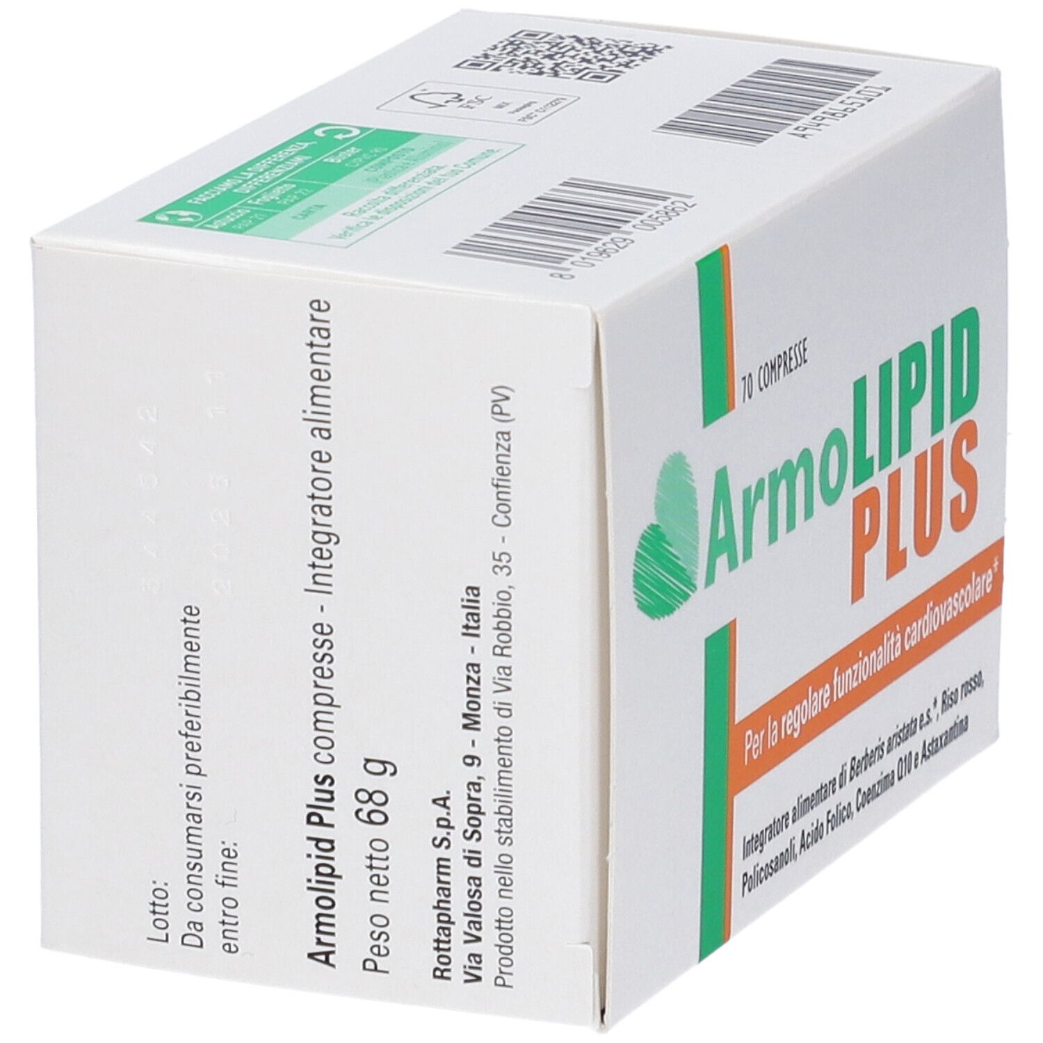 Scatola Armolipid Plus, 70 compresse. Vista laterale. Testo in italiano.