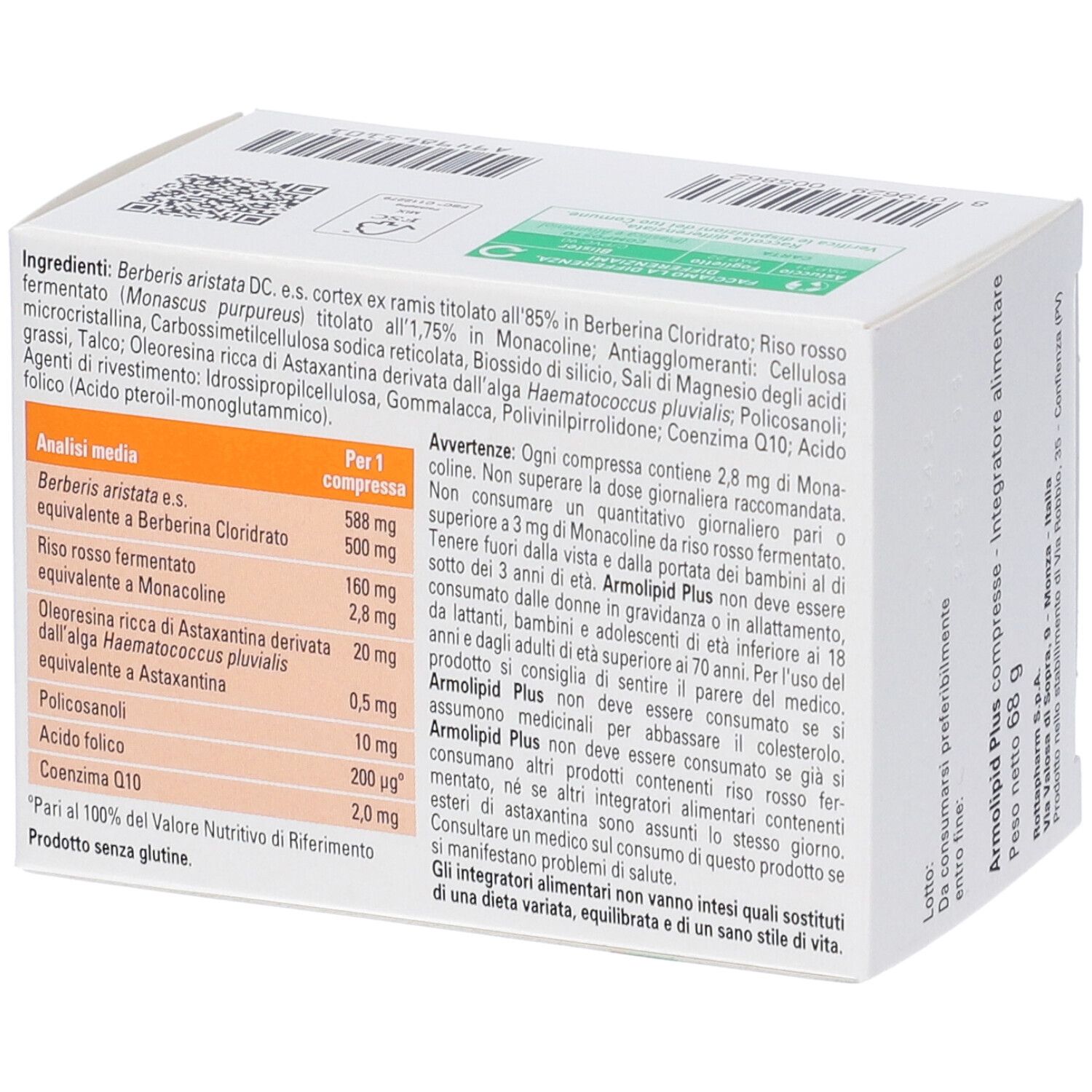 Retro della scatola Armolipid Plus. Testo in italiano. Elenco ingredienti e avvertenze.